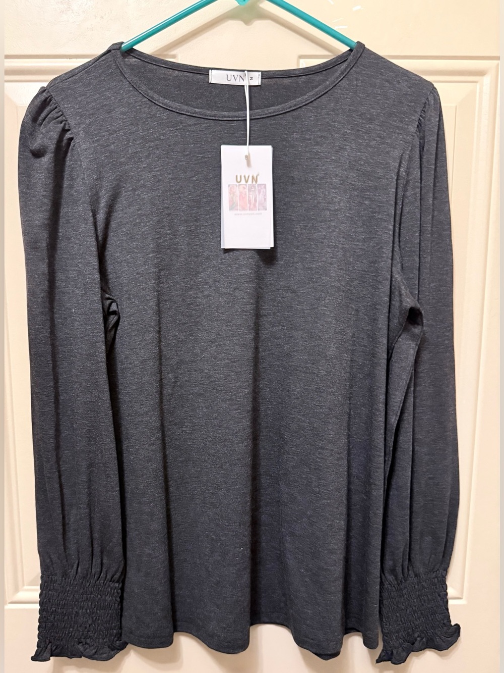 UVN Charcoal Gray Long Sleeved Blouse with Smocked Cuffs Size Medium